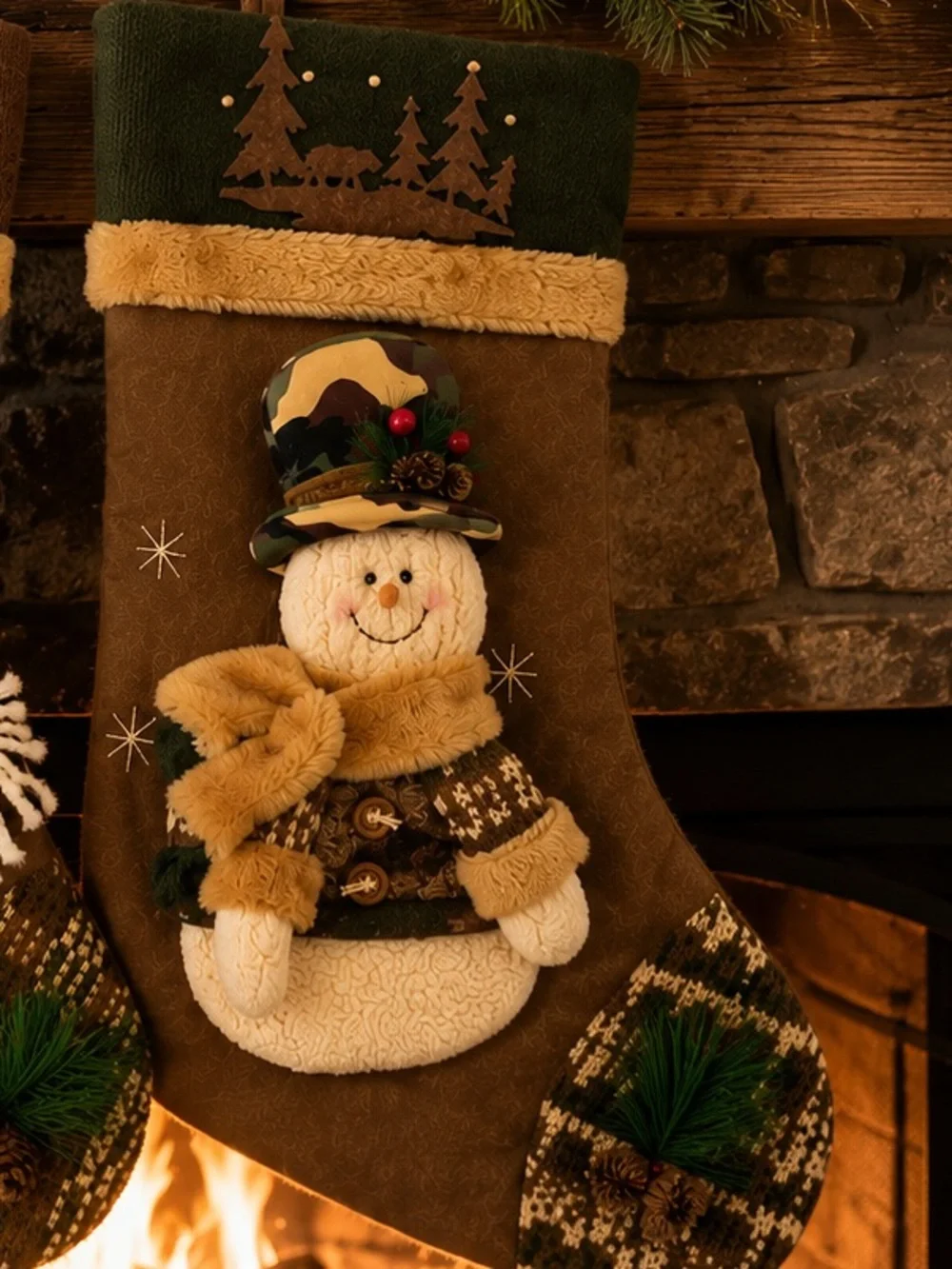 Handmade Rustic Artisan Christmas Stocking Set 2 Woodland Moose & Snowman Luxury